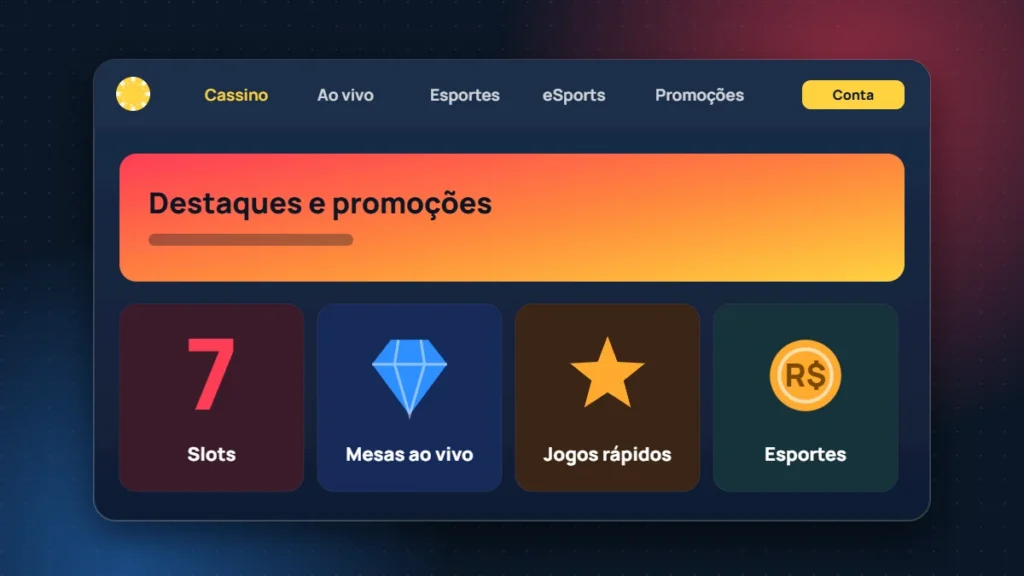 Seções da plataforma: slots, mesas ao vivo, jogos rápidos e esportes